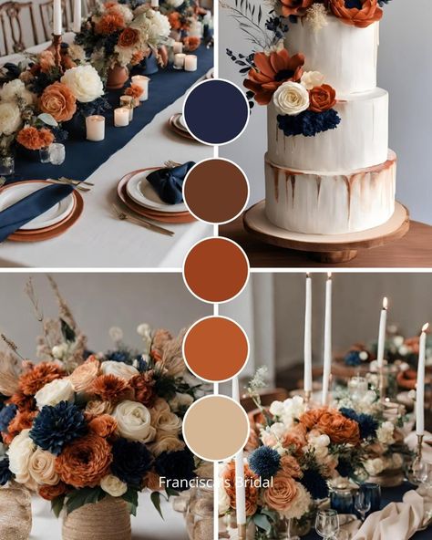 Navy Burnt Orange Wedding Color Palettes, Navy Blue Orange Wedding Theme, Rust Navy Burgundy Wedding, Burnt Orange Light Blue Wedding, Fall Wedding Color Schemes Navy, Fall Wedding Color Schemes Blue, Navy And Terracotta Wedding Table, Navy And Orange Wedding Cake, Fall Wedding Color Palette Navy