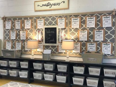 Clipboard Classroom Display, Classroom With Lamps, Classroom Lamps, Classroom Lighting Ideas, Rustic Classroom Decor, Classroom Arrangement, Farmhouse Classroom, Classroom Goals, Classroom Makeover