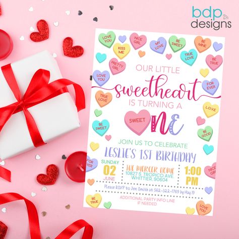 Love is in the Sweet♥️! Celebrate that special Sweet One with this Conversation Heart Invitation! Find it Here!👇 https://www.etsy.com/listing/1646167017/editable-conversation-hearts-1st-first?click_key=e9c01943ee5601118e29e58e3766a654e281d149%3A1646167017&click_sum=1f2d7b56&ref=shop_home_feat_1&pro=1&sts=1 Sweet Heart Birthday Theme, February First Birthday, Candy Heart Birthday Party, Candy Heart Birthday, Conversation Hearts Birthday Party, February First Birthday Girl, First Birthday Heart Theme, Candy Heart First Birthday, Sweetheart 1st Birthday