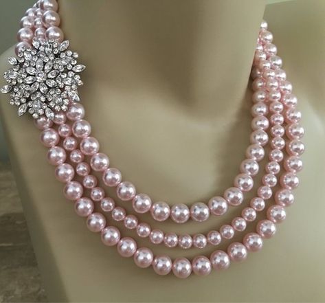 Blush Pearl Necklace Set with Brooch 3 multi strands Swarovski Rosaline Pink pearls Earrings Include Pink Pearl Wedding Jewelry, Pink Pearl Wedding, Pearl Wedding Jewelry Sets, Pearl Wedding Jewelry, Macrame Colar, Pink Pearl Earrings, Pink Pearl Necklace, Bridal Pearl Necklace, Pearl Necklace Designs