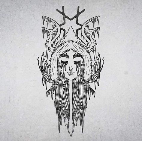 Skaði / The godess jotünn for things related to winter, feautres here with ice, hail and a hooded cape on. With parts of her hair raising to be arrows for a bow. Finally the antlers as I like to add those to all jotünns as a touch of my own.  #norse #norsemythology #skadi #vikingart #viking #heathen #pagan #neopagan #darkart #lineart #goddess #vikingtattoo #tattooidea #tattooinspiration #wicca #wiccan #shaman #druid #druidry #winter #frozen #paganism #art #sketch Skadi Goddess Tattoo, Skadi Tattoo, Tattoo Idea Simple, Deity Tattoo, Goddess Skadi, Skadi Goddess, Solar Cross, Viking Pagan, Goddess Symbols