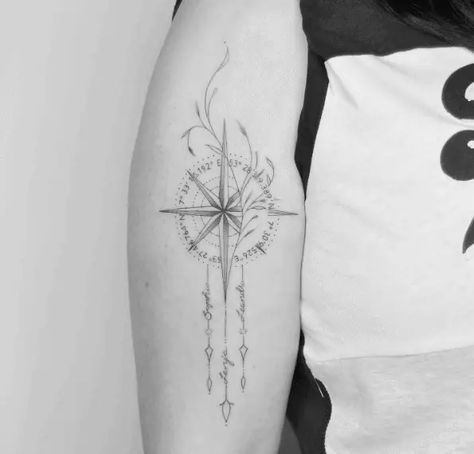 Deer Compass Tattoo, Compass With Coordinates Tattoo, Compass Coordinates Tattoo, Map Coordinates Tattoo, Fine Line Compass Tattoo, Direction Tattoo Ideas, Tattoos Coordinates, Feminine Compass Tattoo Design, Tattoo Coordinates