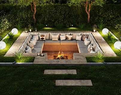 Sunken Outdoor Lounge, Sunken Seating, Modern Planting, Sloped Backyard Landscaping, Riverside Garden, Sunken Fire Pits, Dream Backyard Pool, Fire Pit Landscaping, Sloped Backyard