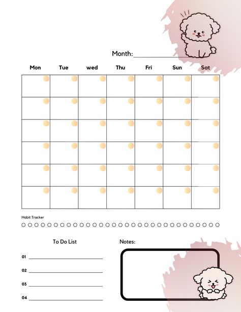 Blank monthly planner cute kawaii dog Month Planner Aesthetic, Cute Monthly Planner Template, Kawaii To Do List Template, Cute Monthly Planner, Blank Calander Templates Cute, Kawaii Monthly Planner Template, Monthly Planner Template Pink, Kawaii Weekly Planner Template, Aesthetic Digital Planner