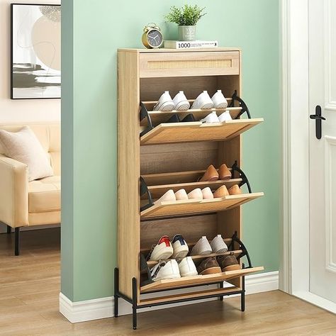 Amazon.com: coucheta Natural Rattan Shoe Cabinet, Entryway Cabinet Wooden Shoe Rack with 3 Flip Drawers and1 Drawer, 3-Tier Adjustable Shelves Shoe Cabinet Organizer Freestanding for Entryway Hallway (Oak Color) : Home & Kitchen Rattan Shoe Cabinet, Slim Shoe Rack, Shoe Cabinet Design, Cabinet Entryway, Wooden Shoe Rack, Wooden Shoe Racks, Entryway Cabinet, Shoe Rack Entryway, Shoe Storage Rack