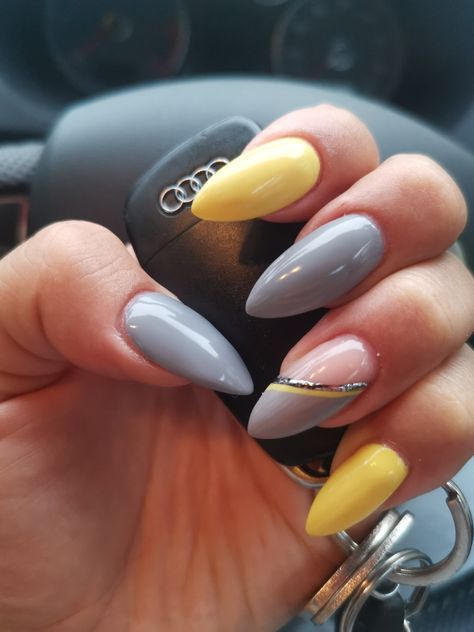 Grey And Yellow Nails Ideas, Yellow And Grey Nails Design, Grey Yellow Nails, Gray And Yellow Nails, Yellow And Grey Nails, Grey Stiletto Nails, Soft Yellow Nails, Almond Acrylic Nail, Acrylic Nail Extensions