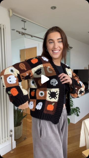 Crochet Halloween Cardigan Pattern Free, Halloween Sweater Crochet Pattern, Halloween Crochet Cardigan, Crochet Halloween Cardigan, Halloween Crochet Sweater, Kira Goode, Crochet Halloween Sweater, Halloween Granny Square, Halloween Cardigan