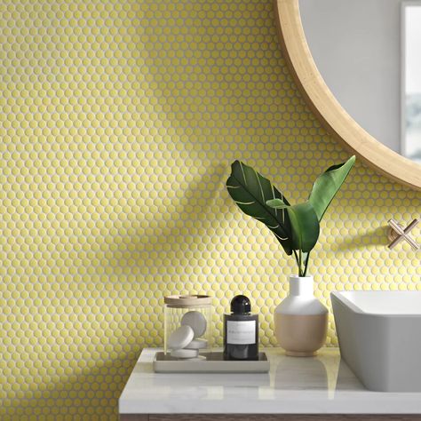 Merola Tile Hudson Penny Round .80" x .80" Porcelain Penny Round Mosaic Wall & Floor Tile & Reviews | Wayfair Penny Tile Shower Floor, Yellow Tile Bathroom, Penny Tiles Bathroom, Penny Round Mosaic, Bathroom Accent Wall, Penny Round Tiles, Round Mosaic, Penny Tile, Penny Round