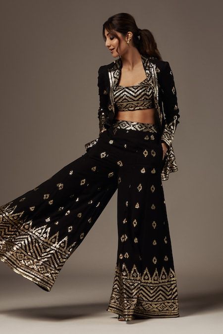 Buy Black Cotton Silk Embroidery Thread Blazer Shawl Collar Marrakesh Sharara Set For Women by Gopi Vaid Online at Aza Fashions. Indian Outfits Modern, Gopi Vaid, Trendy Outfits Indian, Diwali Outfits, Mirror Embroidery, Lehenga Designs Simple, Dress Book, Indian Dresses Traditional, Traditional Indian Outfits