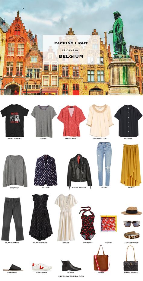 Belgium Packing List  Band t-shirt | Grey T-shirt | Red Wrap Shirt | Peasant Blouse | Black Blouse | Sweater | Blazer | Moto Jacket | Blue Denim | Yellow Skirt | Black Denim | Belgium Packing List, Belgium Outfits Summer, Packing Capsule, Ireland Summer, Airport Outfit Comfy, Pack For Vacation, European Travel Outfit, Summer Packing Lists, Belgian Fashion