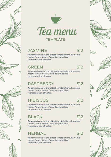 Linear Hand-drawn Fruit And Floral Tea Menu Garden Menu Design, Tea Menu Design, Thesis Ideas, Resort Restaurant, Premium Tea, Senior Project, Food Logo, Restaurant Concept, Drinks Design