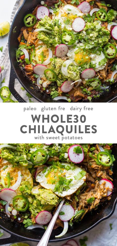 These Whole30 chilaquiles are one of our favorite Whole30 Mexican recipes. With sweet potatoes, carnitas or chicken, and plenty of toppings, these Whole30 chilaquiles are flavorful and easy to make. Bound to become one of your favorite Whole30 Mexican recipes! #paleo #mexican Recipes With Sweet Potatoes, Paleo Mexican, Paleo Recipes Snacks, Paleo Menu, 40 Aprons, Best Paleo Recipes, Paleo Chicken Recipes, Recipes Paleo, Paleo Recipes Easy