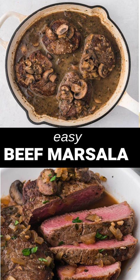 beef marsala in pot Marsala Steak, Beef Medallion Recipes, Steak Marsala Recipe, Beef Merlot, Beef Marsala, Beef Tenderloin Steaks, Steak Marsala, Beef Medallions, Marsala Sauce