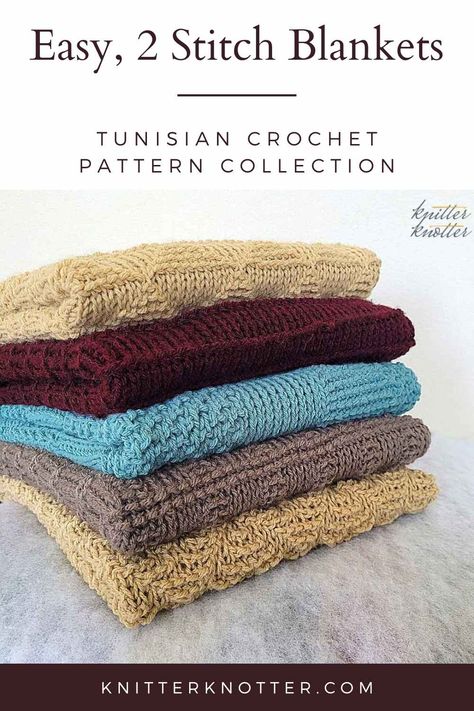 This Tunisian Crochet blanket collection by KnitterKnotter contains 5 different patterns that are easy to make and are full of texture! All the blankets in this collection are made with 2 stitches only - Tunisian Reverse Stitch and Tunisian Knit Stitch. This collection features a variety of designs so if you are looking for a new addition to your home or if you want to give a cozy gift to your loved ones, there’s something for everyone! Tunisian Knit Stitch, Tunisian Baby Blanket, Tunisian Crochet Blanket, Baby Boy Crochet Blanket, Crochet Throw Pattern, Tunisian Crochet Pattern, Throw Blanket Pattern, Tunisian Crochet Patterns, Tunisian Crochet Stitches