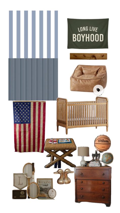 Boyhood Room, Americana Boy Room, Americana Nursery, Vintage Boys Room, Vintage Baby Rooms, Small Room Nursery, Boys Bedroom Makeover, Baseball Room, Big Boy Bedrooms