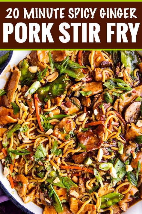 No need for takeout, this Garlic Ginger Pork Stir Fry is the perfect weeknight meal, as it's on the table in 20 minutes! #ad #ohpork #pork #stirfry #chinese #asian #takeout #weeknightmeal #easyrecipe #onepan #skillet Pork Bokchoy Stirfry, Dietetic Food, Diy Sauces, Pork Stir Fry Recipes, The Chunky Chef, Chunky Chef, Asian Meals, Pork Noodles, Ginger Pork