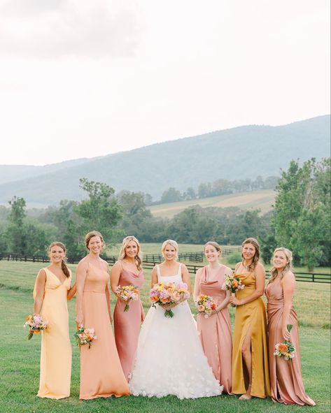 Peach Coloured Bridesmaid Dresses, Peach Bridal Party Dresses, Sunset Mismatched Bridesmaid Dresses, Fall 2024 Bridesmaid Dresses, Yellow And Peach Bridesmaid Dresses, Bright Pastel Bridesmaid Dresses, Bright Fall Bridesmaid Dresses, Rosy Sunset Wedding, Sunset Colors Bridesmaid Dresses