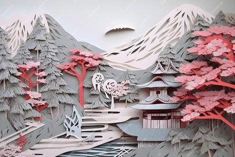 Premium Photo | Paper cut art design japanese nature and architecture landscape made in origami design and paper layers generative ai Layered Architecture, Nature And Architecture, Japanese Background, Japanese Nature, Asian Landscape, Japanese Tree, Nature Architecture, Architecture Landscape, Paleo Art