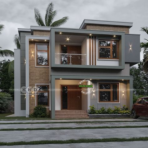 Box model house rendering Grey Elevation House, Modern House Colour Exterior, Box Type House Design Simple 2 Storey, Luxury Exterior Design Dream Homes, Kerala House Elevation, Modern Front Elevation, Modern House Front Elevation, Small House Design Kerala, House Rendering