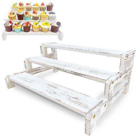 PRICES MAY VARY. Premium Natural Wood: Three tier cupcake stand is made of 100% solid wood, colored design full of rustic flavor, the structure is sturdy, capable of bearing heavy weight without wobbling Multi Purpose: This wooden cupcake stand can also be used as a display shelf for desserts, potted plants, candlestick, crafts or jewelry, or as a makeup stand Right Size: Rustic cupcake stands measure 17"" x 12"" x 7"", and easily holds 20 cupcakes, tiered tabletop display give your party a more Cupcake Display Ideas, Three Tier Cupcake Stand, Rustic Wedding Dessert Table, Rustic Cupcake Stand, Tiered Cupcake Display, Wooden Cupcake Stands, Candlestick Crafts, Dessert Table Display, Rustic Cupcake Stands