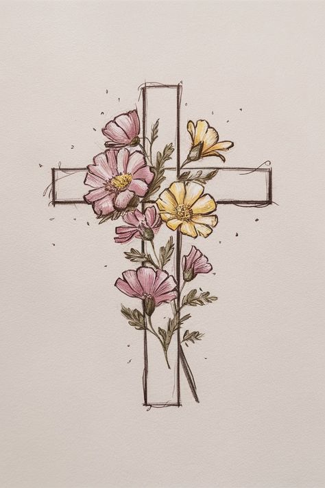 Christian Drawing cross with flowers Cute Backgrounds Flowers, Thing To Draw On Yourself, Cross With Cloth Drape, Inspired Drawings Ideas, Flower Cross Drawing, Creative Letters Ideas, Christian Cross Drawing, Christian Sketches Aesthetic, Cute Cross Drawing