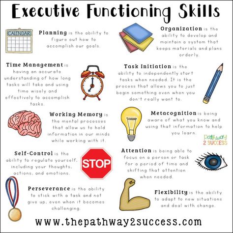 Executive functioning skills explained for educators, parents, and more. Skills like attention, organization, planning, time management, self-control, and more are critical to the success for kids and young adults! #executivefunctioning #teens #studyskills #pathway2success Planning School, Executive Functioning Skills, Learning Tips, School Social Work, Working Memory, Executive Functioning, Vie Motivation, School Psychology, Study Skills