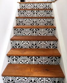 Stenciled Stairs, Cement Steps, Stair Makeover, Stencil Decor, Stair Riser, Artisan Tiles, Staircase Remodel, Staircase Makeover, Cle Tile