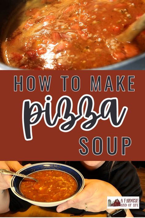 Pizza Soup: pizza in one pot! - A Farmish Kind of Life Slow Cooker Pizza Soup, Pizza Soup Recipe Crock Pots, Crockpot Pizza Soup Recipes, Pizza Soup Crockpot, Tomato Soup From Scratch, Pizza Soup Recipe, Homemade Bread Bowls, Crock Pot Pizza, Bacon Chowder