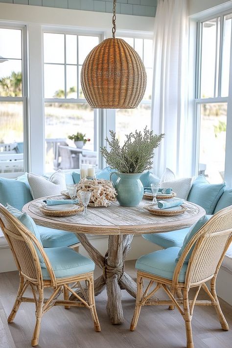 29 Breakfast Nook Ideas to Create a Perfect Morning Retreat Coastal Breakfast Nook Ideas, Coastal Kitchen Nook, Coastal Breakfast Nook, Coastal Breakfast, Farmhouse Breakfast Nook, Beach House Dining Room, Mid Century Cottage, Breakfast Nook Ideas, Breakfast Nooks