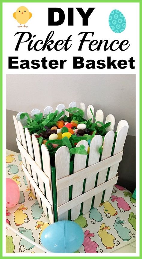 DIY Picket Fence Easter Basket- Why settle for a boring, traditional store-bought Easter basket when you can easily make this DIY picket fence Easter basket that your kids will love! | DIY project, craft idea, Easter gift basket, spring, easy DIY, inexpensive craft Popsicle Stick Easter Basket, Diy Picket Fence, Homemade Easter Baskets, Diy Popsicle, Inexpensive Crafts, Basket Crafts, Easter Basket Diy, Easter Decorations Dollar Store, Paper Plate Crafts