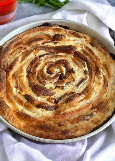 Spiral Cheese Pie (Homemade Phyllo Dough)- Sirnica - Minas Bakery Homemade Phyllo Dough, Pie Homemade, Bosnian Recipes, Cheese Pie, Homemade Dough, Cheese Pies, Phyllo Dough, Butter Spread, Bread Flour