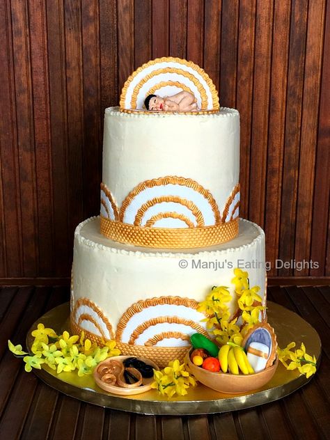 Manju's Eating Delighst | Kerala Vishu themed cake | Baby naming ceremony Cake | Kerala theme White and Gold cake | Baby | Vishu festival Seemantham Cake Ideas, Cake For Mundan Ceremony, Noolukettu Ceremony Kerala, Naming Ceremony Cake, Traditional Decoration For Naming Ceremony, Vishu Festival, White And Gold Cake, Baby Naming Ceremony, Theme White