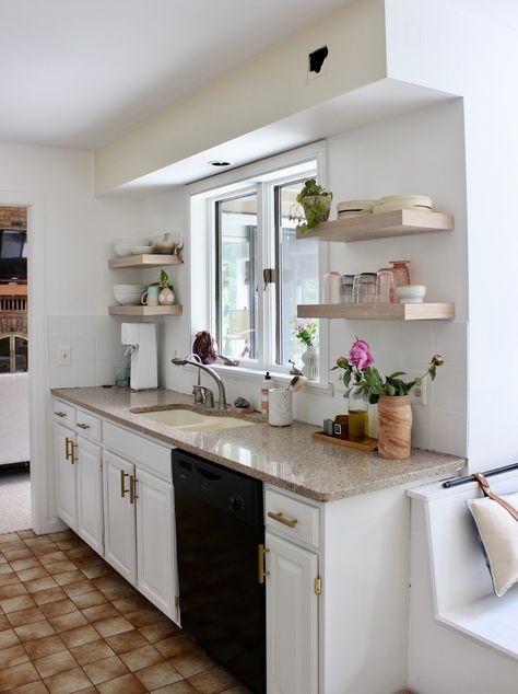 Budget Kitchen Refresh — Lauren Koster Creative Bulkhead Kitchen, Above Kitchen Sink, Kitchen Soffit, Kitchen Open Shelves, Kitchen 2021, Above The Sink, Kids Work, Kitchen Refresh, Budget Kitchen