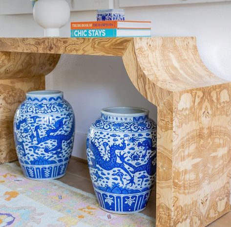 Photo - Google Photos Oyster Creek Studios, Console Table Design, High Gloss Paint, Paint Colors Benjamin Moore, Benjamin Moore Paint, Gloss Paint, Burl Wood, Woven Baskets, Wood Console Table