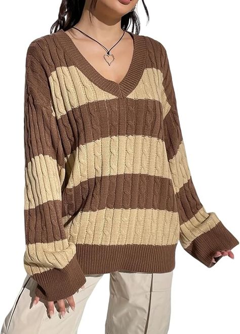 Women Y2K Striped Sweater Vintage Aesthetic Preppy Sweater V Neck Long Sleeve Oversized Cable Knit Jumper Tops Streetwear (Brown, S) at Amazon Women’s Clothing store Grunge Sweaters, Preppy Pullover, Pink Striped Shirt, Fall Sweaters For Women, Oversized Striped Sweater, Striped Shirt Women, Preppy Sweater, Crewneck Sweatshirt Women, Striped Sweatshirts