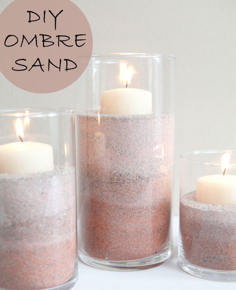 DIY wedding centerpieces with ombre sand and candles for beach wedding ideas Beach Centerpieces Diy, Diy Candle Centerpieces, Cheap Wedding Table Centerpieces, Diy Candles With Flowers, Succulent Wedding Centerpieces, Beach Centerpieces, Diy Wedding Centerpieces, Beach Wedding Ideas, Beach Wedding Centerpieces