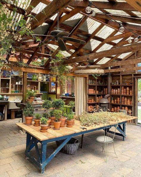 Greenhouse Vintage, Eclectic Greenhouse, Greenhouse Workspace, French Country Greenhouse, Upstairs Greenhouse, Vintage Greenhouse Conservatory, Greenhouse With Kitchen, Greenhouse Vibes, Stylish Greenhouse