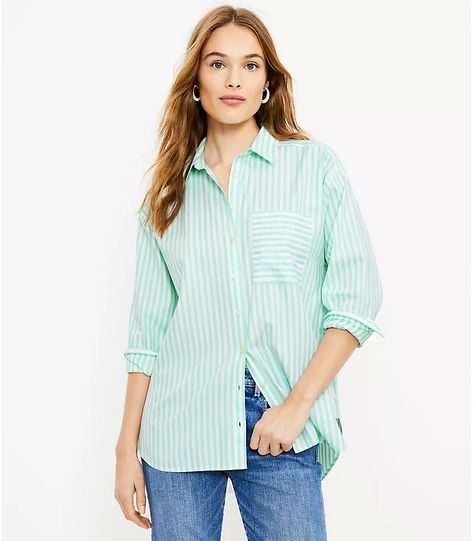 Women's Button-Down Shirts: Flannel, Dolman & More | LOFT Striped Boyfriend Shirt, Women's Button Down Shirt, Petite Pants, Petite Tops, Boyfriend Shirt, Womens Size Chart, Dress With Cardigan, Pant Shirt, Gray Jacket