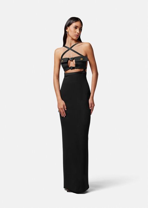 Dua Lipa Versace Collection, Versace Dua Lipa Collection, Dua Lipa X Versace, Versace Black Dress, Black Versace Dress, Y2k Rockstar, Dresses Versace, Versace Gown, Cutout Gown