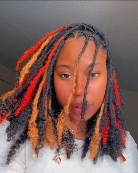 2 Color Dyed Locs, Two Color Locs Black Women, Dyed Ends Locs, Loc Color Combo, Dreadhead Colors, Multicolored Locs, Dreads Color Ideas Locs For Women, Colorful Locs Black Women, Dyed Dreads Black Women