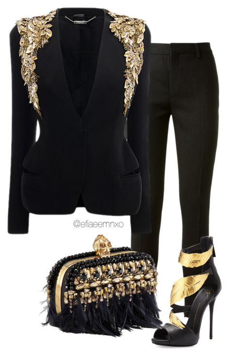 "Digging for gold" by efiaeemnxo ❤ liked on Polyvore featuring Yves Saint Laurent, Alexander McQueen, Giuseppe Zanotti, blackandgold, AlexanderMcQueen, GiuseppeZanotti, sbemnxo and styledbyemnxo Extraordinary Outfits Womens Fashion, Black N Gold Party Ideas, Dramatic Clothing Style, Black And Gold Outfits Women, Black And Gold Outfit Ideas, Dramatic Clothing, Looks Adidas, Glamorous Fashion, فستان سهرة