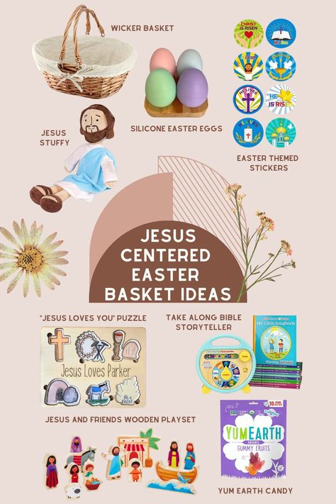 Vision Board of Jesus Centered Easter Basket Ideas Toddler Easter Activities Christian, Toddler Easter Christian, Resurrection Sunday Baskets, Christian Easter Ideas For Toddlers, Ressurection Easter Basket, Jesus Themed Easter Basket, Faith Easter Basket, Easter Basket Checklist, Christian Based Easter Baskets