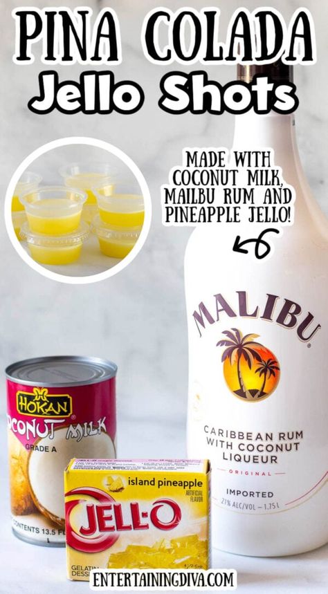 Coconut Milk Jello, Coconut Rum Jello Shots, Birthday Jello Shots, Coconut Milk Drinks, Creamy Pina Colada, Milk Jello, Summer Jello Shots, Malibu Jello Shots, Pina Colada Jello Shots