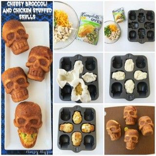 Scare up some fun this Halloween for dinner and serve some Cheesy Broccoli and Chicken Stuffed Skulls. See the recipe at HungryHappenings.com. Skull Mold Recipes, Skull Recipes, Skull Pan Recipes, Skull Food, Using Pizza Dough, October Dinner, Halloween Bakes, Horror Food, Halloween Soup