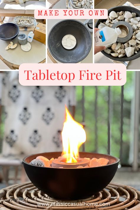 Diy Small Fire Pit, Diy Fire Bowl Patio, Fire Pit Table Ideas, Diy Candle Heater, Cement Fire Pit, Decor Ideas For Small Homes, Diy Propane Fire Pit, Table Fire Pit, Table Top Fire Pit