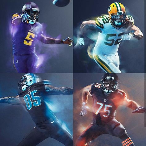 NFL: NFC North 2016 Color Rush Uniforms #NFLColorRush Nfl Edits, American Football Poster, Football Swag, Sports Tips, Best Uniforms, Football Ideas, Sports Uniform, Football Photography, Football American