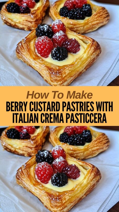 Ingredients: Pastries: 1 large rectangular puff pastry sheet (13 oz / 375 g) Blueberries and raspberries, for topping Almond slices... Italian Crema, Puff Pastry Danish, Berry Custard, Pastry Danish, Bakery Snacks, Italian Custard, Mascarpone Recipes, Blueberries And Raspberries, Pastries Recipes Dessert