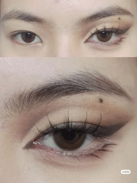 Make Up On Asian Eyes, Sleepy Droop Eye Makeup, Makeup For Puppy Eyes, Cool Douyin Makeup, Asian Eye Eyeliner, Make Up Trends 2022 Winter, Tapered Eyelids Aesthetic, Douyin Makeup Eyeliner, 90s Asian Baddie Makeup