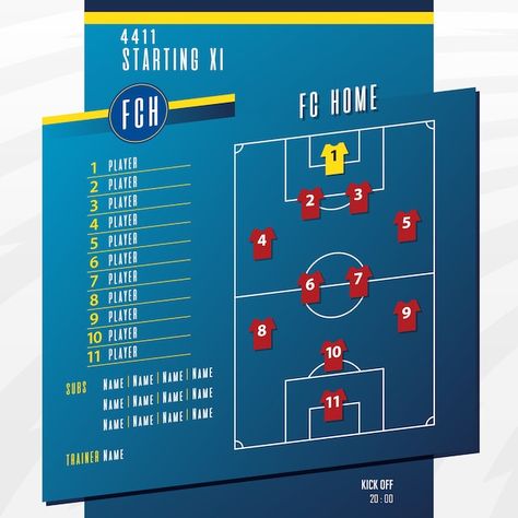 Football or soccer match lineups formati... | Premium Vector #Freepik #vector #line-up #goalkeeper #soccer-team #football-team Soccer Backgrounds, Football Or Soccer, Soccer Tournament, About Football, Soccer Stadium, Football Tournament, Soccer Logo, Vector Infographic, Professional Soccer