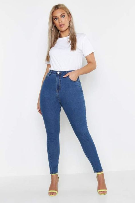 boohoo Plus High Waist Skinny Jeans Tight High-waist Blue Jeans, Tight High-rise Denim Jeans, High-waist Denim Jeggings With Pockets, High-waist Blue Denim Jeggings, Stretch Denim Full-length Jeggings, Jag Jeans, Hawaiian Outfit, Curve Jeans, Plus Size Summer